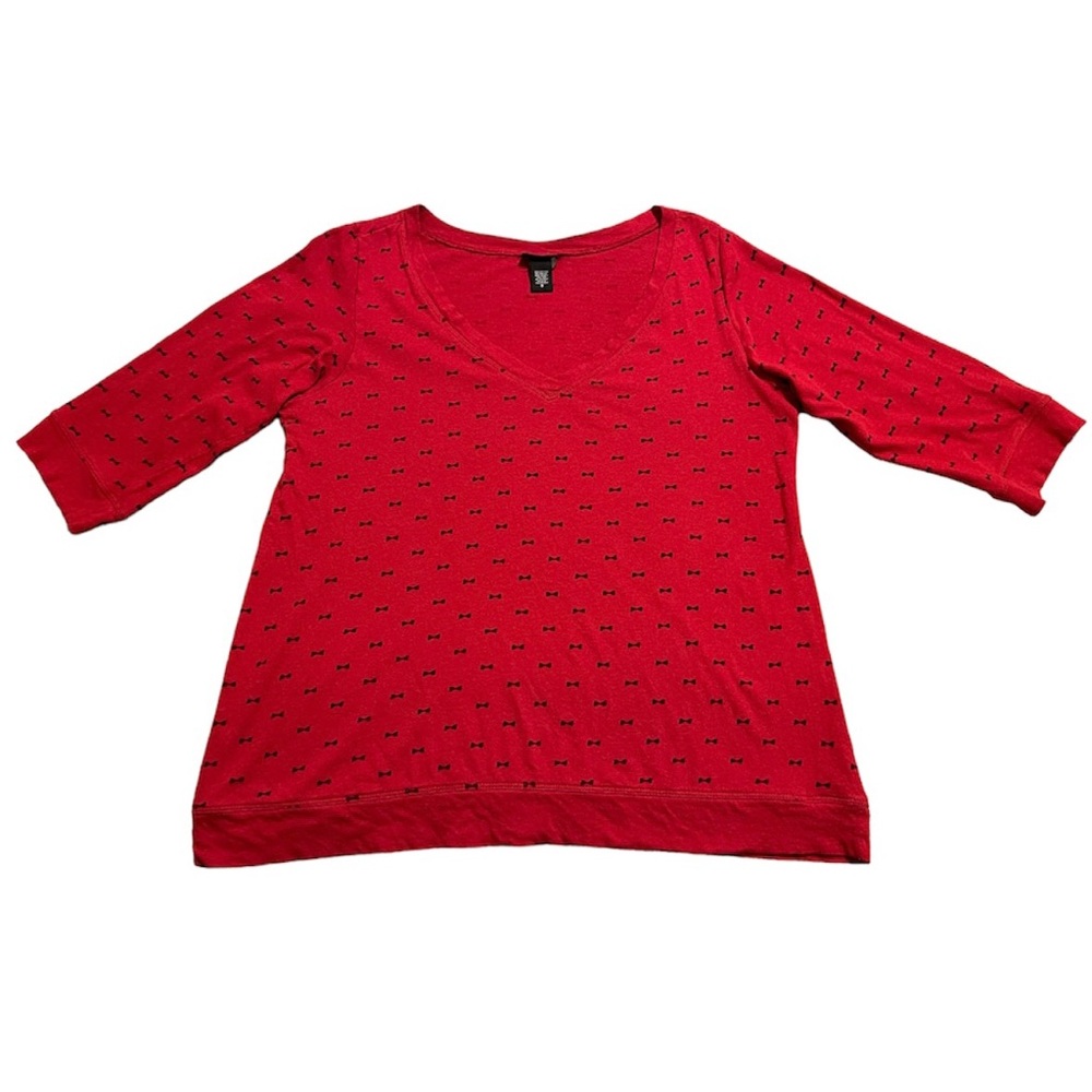 Torrid Red Black Bow Tie Print Tee V-Neck Top 3/4 Sleeve Women’s Size 0